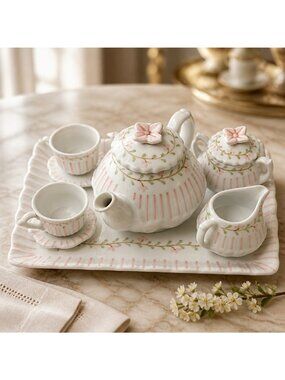 Hand-Painted Porcelain Mini Tea Set With Floral & Pink Stripe Design Shabby Chic